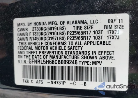 2012 Honda Odyssey Ex-L z USA, uszkodzony, nr VIN 5FNRL5H66CB009246